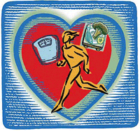 Running person, weight scale, and vegetable images