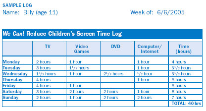 SAMPLE LOG
Name: Billy (age 11) Week of: 6/6/2005
We Can! Reduce Children's Screen Time Log
Monday - TV 2 hours; Video Games 1 hour; DVD 0; Computer/Internet 1 hour; Time (hours) 4 hours
Tuesday - TV 3 hours; Video Games 1-1/2 hours; DVD 0; Computer/Internet 1 hour; Time (hours) 5-1/2 hours
Wednesday - TV 1-1/2 hours; Video Games 1 hour; DVD 2-1/2 hours; Computer/Internet 1/2 hour; Time (hours) 5-1/2 hours
Thursday - TV 4 hours; Video Games 0; DVD 0; Computer/Internet 1 hour; Time (hours) 5 hours
Friday - TV 4 hours; Video Games 1 hour; DVD 0; Computer/Internet 0; Time (hours) 5 hours
Saturday - TV 3 hours; Video Games 2 hours; DVD 2 hours; Computer/Internet 1 hour; Time (hours) 8 hours
Sunday - TV 2 hours; Video Games 1 hour; DVD 2 hours; Computer/Internet 2 hours; Time (hours) 7 hours
TOTAL: 40hrs