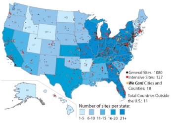 Map of the United States with community sites plotted including 1080 general sites 127 intensive sites 18 City and County sites and 11 countries with We Can programs.
