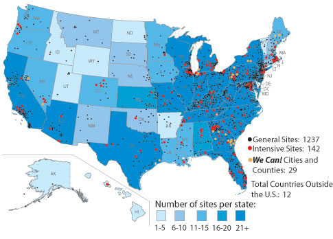 Map of the United States with community sites plotted including 487 general sites 49 intensive sites and 8 cities