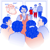 teacher teaching a group of adults about heart disease